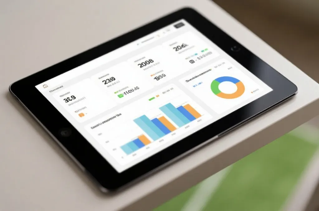 A tablet showing professional sports statistics and data visualization graphs, clean layout